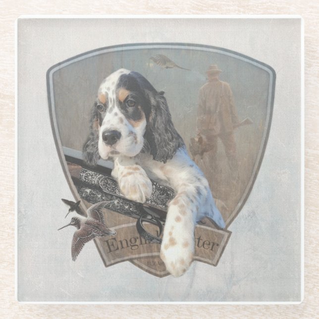 English Setter puppy with a classic shotgun   Glass Coaster (Front)