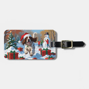 English Setter Running in Snow with Christmas Hat Luggage Tag