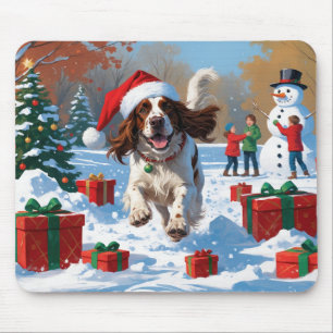English Setter Running in Snow with Christmas Hat Mouse Pad