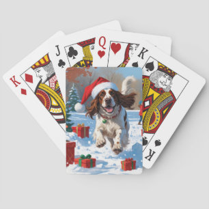 English Setter Running in Snow with Christmas Hat Playing Cards