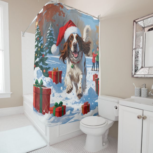 English Setter Running in Snow with Christmas Hat Shower Curtain (In Situ)