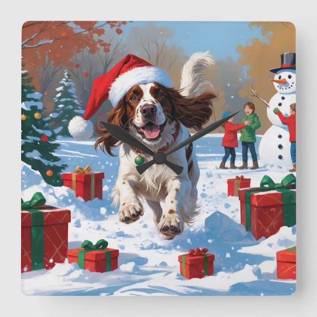 English Setter Running in Snow with Christmas Hat Square Wall Clock (Front)