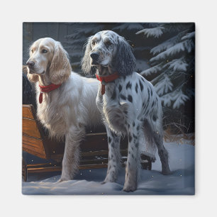 English Setter Snowy Sleigh Christmas Decor Magnet