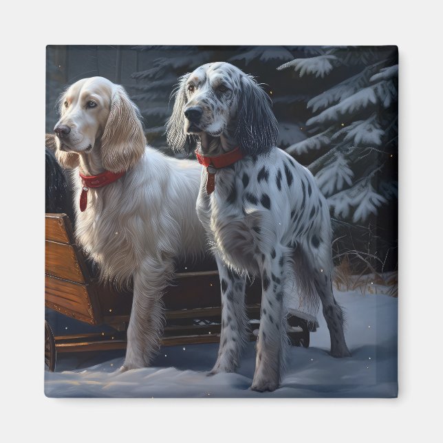 English Setter Snowy Sleigh Christmas Decor  Magnet (Front)