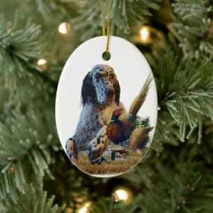 English setter with pheasants, art ceramic ornament
