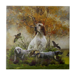 English setter with pheasants, art      ceramic tile