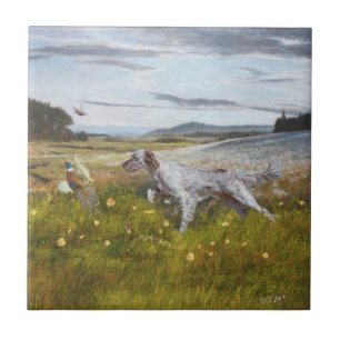 English setter with pheasants, art  ceramic tile