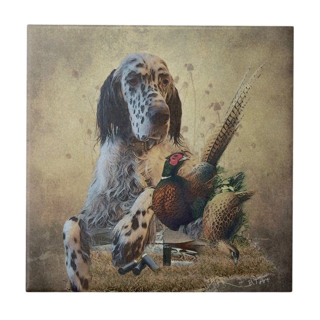 English setter with pheasants, art ceramic tile (Front)