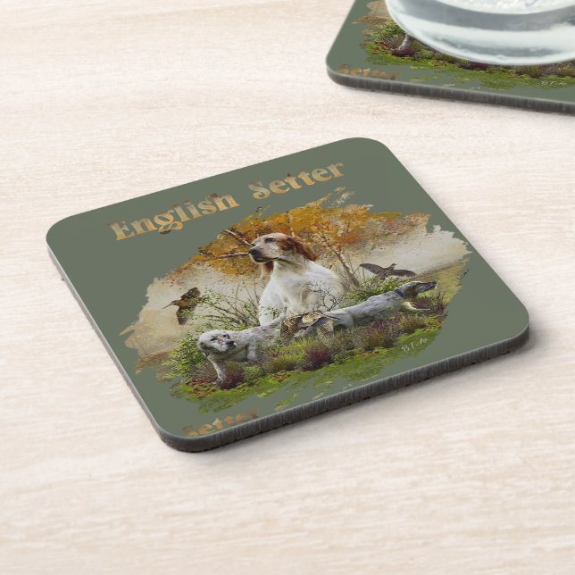 English setter with pheasants, art     coaster (Left Side)