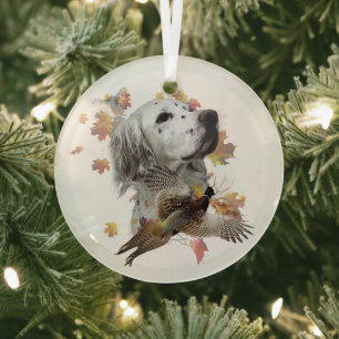 English setter with pheasants, art     glass tree decoration