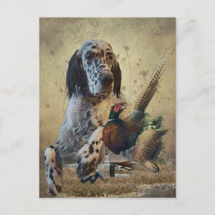 English setter with pheasants, art holiday postcard
