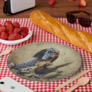 English setter with pheasants, art  paper plate