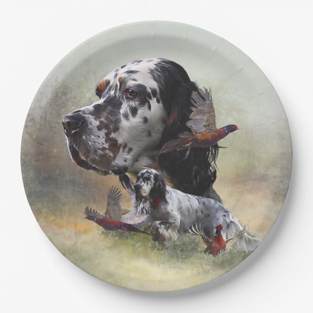 English setter with pheasants, art    paper plate (Front)