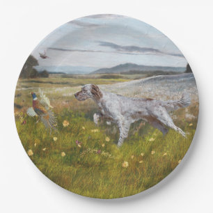 English setter with pheasants, art  paper plates