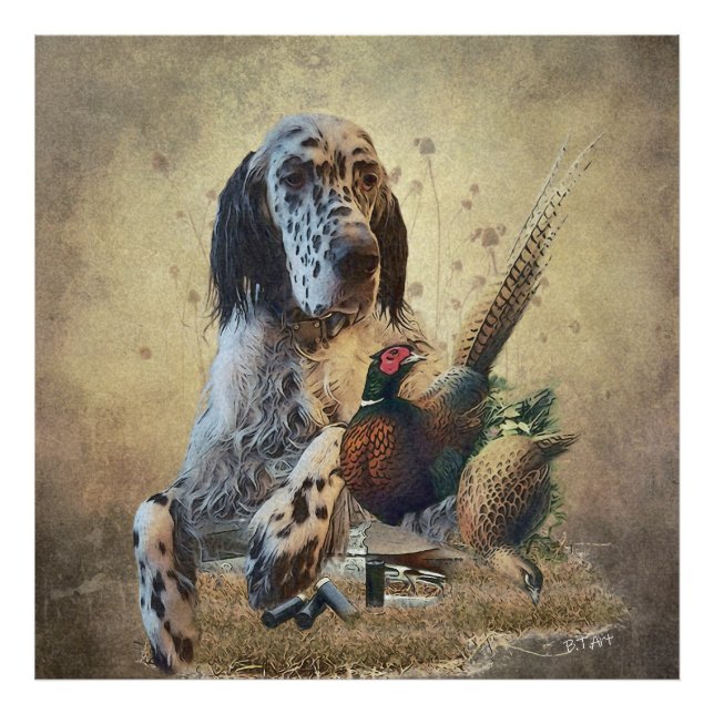 English setter with pheasants, art    photo print (Front)
