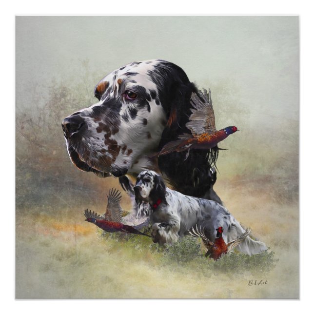 English setter with pheasants, art     poster (Front)