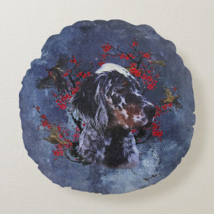 English setter with pheasants, art round cushion