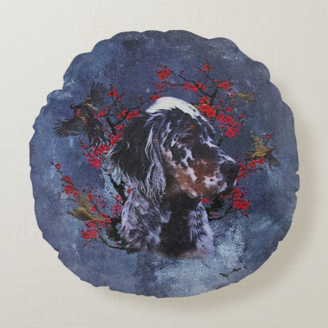 English setter with pheasants, art   round cushion (Front)