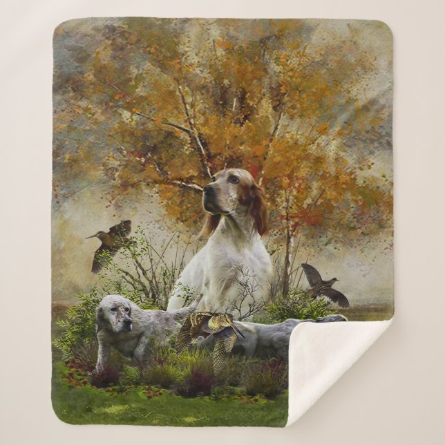 English setter with pheasants, art  sherpa blanket (Front)