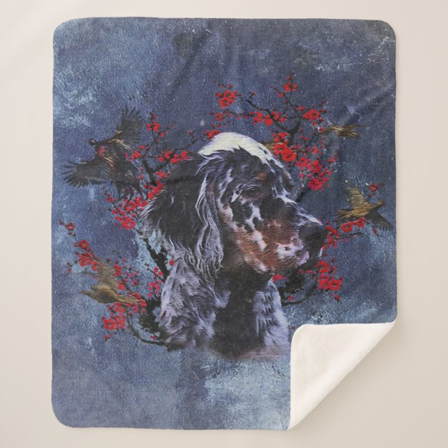 English setter with pheasants, art  sherpa blanket (Front)