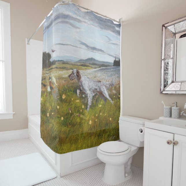English setter with pheasants, art   shower curtain (In Situ)