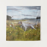 English setter with pheasants, art