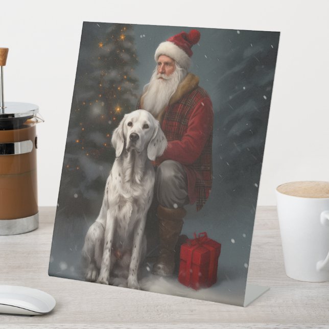 English Setter With Santa Claus Festive Christmas Pedestal Sign (In SItu)