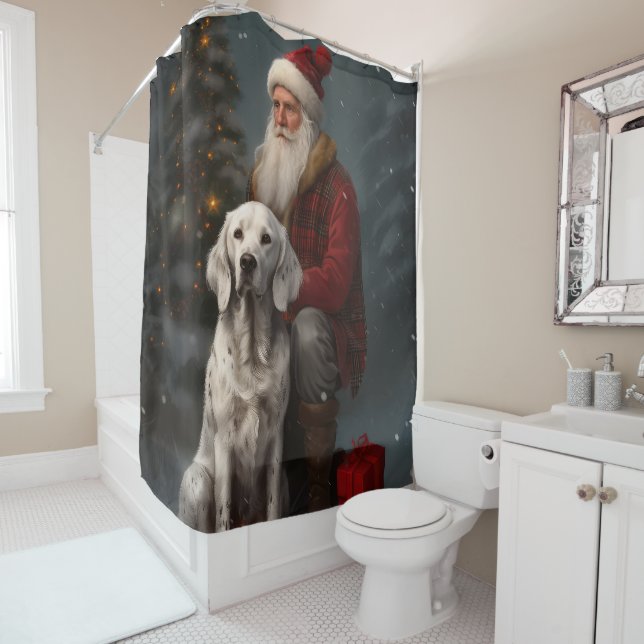 English Setter With Santa Claus Festive Christmas Shower Curtain (In Situ)