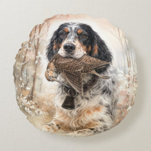 English Setter, Woodcock Hunting ,Dog Art Round Cushion