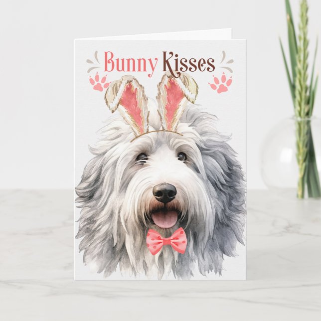 English Sheepdog Dog in Bunny Ears for Easter Holiday Card (Front)