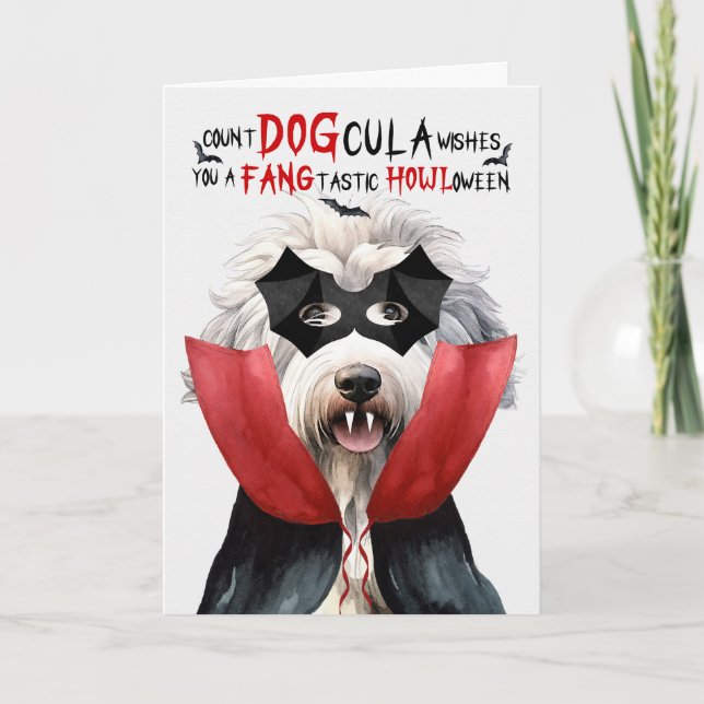 English Sheepdog Funny Count DOGcula Halloween Holiday Card (Front)