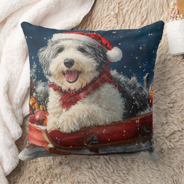English Sheepdog in Sledge Let it Snow Christmas Cushion (Blanket)