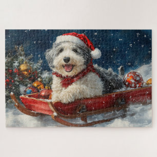 English Sheepdog in Sledge Let it Snow Christmas Jigsaw Puzzle