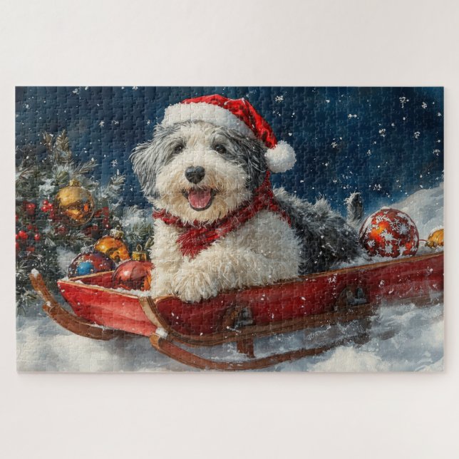 English Sheepdog in Sledge Let it Snow Christmas Jigsaw Puzzle (Horizontal)