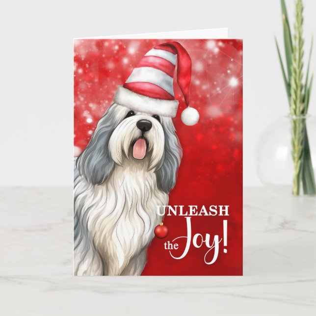 English Sheepdog Unleash the Joy Christmas Holiday Card (Front)