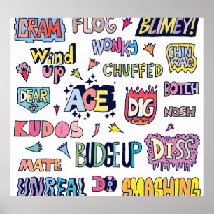 English slang words, doodle lettering poster
