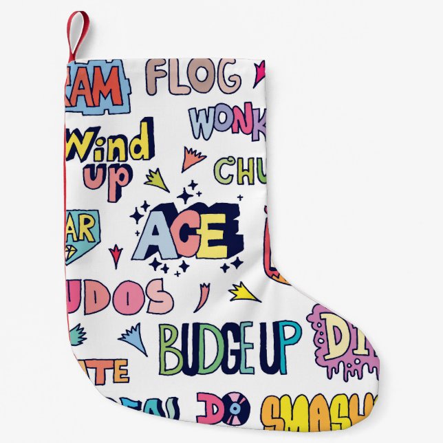 English slang words, doodle lettering small christmas stocking (Front)