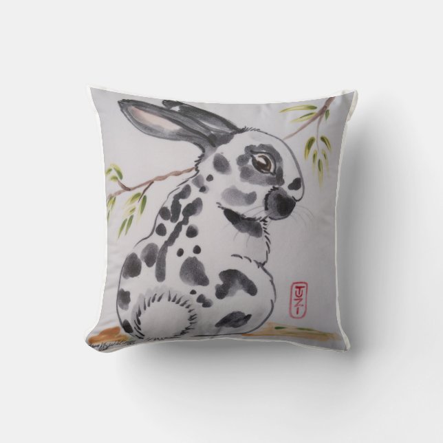 English Spot Bunny Rabbit Pillow, Oriental Design Cushion (Front)