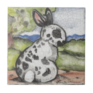 English Spot Rabbit Bunny Black & White Easter Art Ceramic Tile