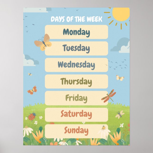  English Spring Days of the Week Classroom  Poster (Front)