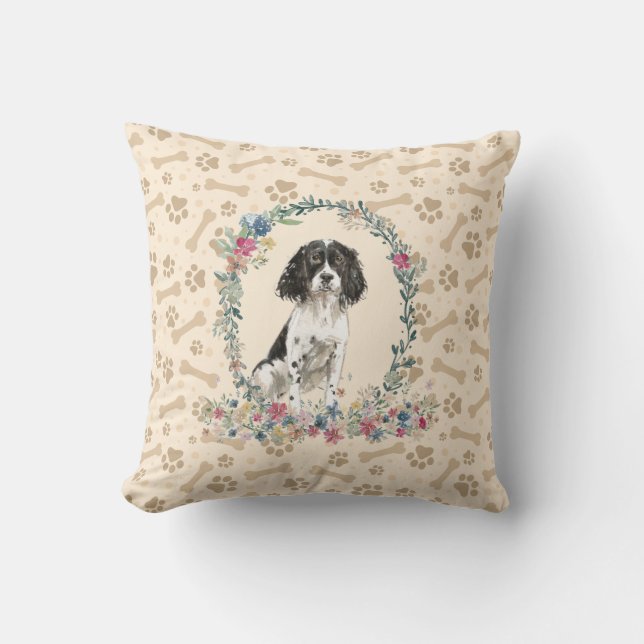 English Springer Spaniel Black Dog Paw Print Cute Cushion (Front)