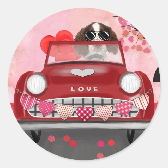English Springer Spaniel Car Hearts Valentine's  Classic Round Sticker (Front)