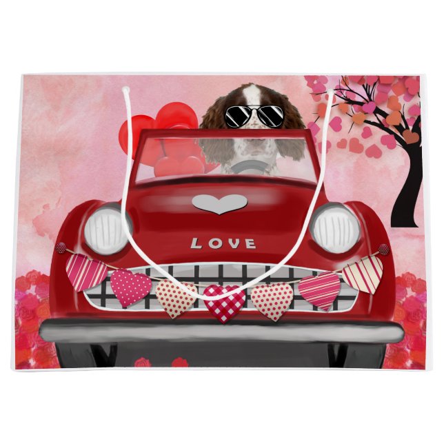 English Springer Spaniel Car Hearts Valentine's  Large Gift Bag (Front)