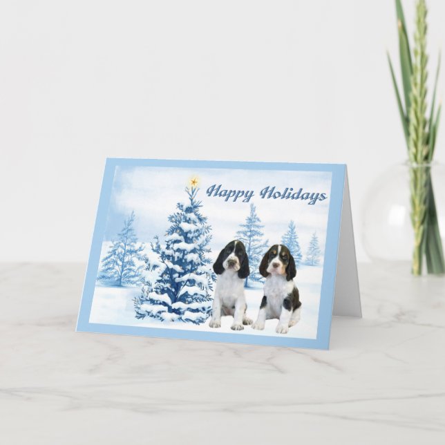 English Springer Spaniel Christmas Card Blue Tree (Front)