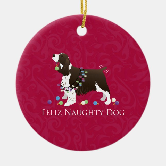 English Springer Spaniel Christmas Design Ceramic Ornament (Front)