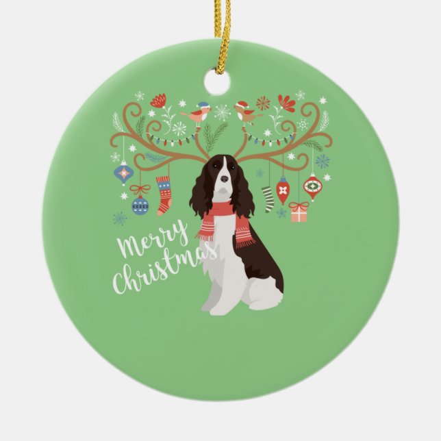 English Springer Spaniel Christmas Reindeer Dog Ceramic Ornament (Front)