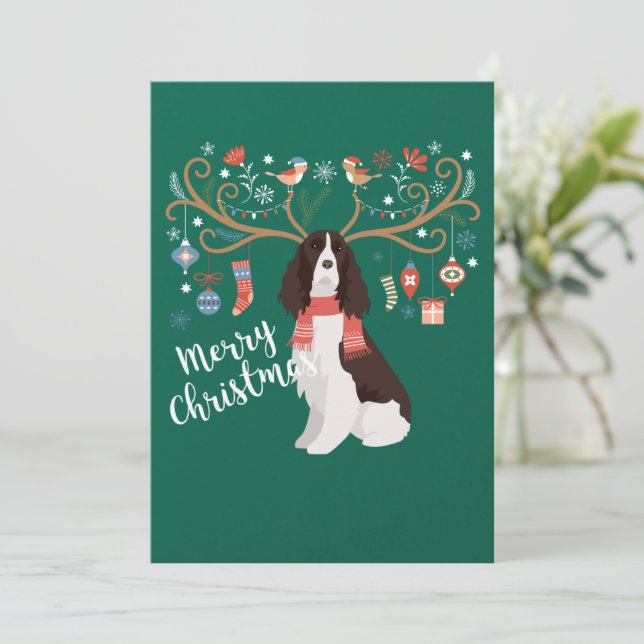 English Springer Spaniel Christmas Reindeer Dog Holiday Card (Standing Front)