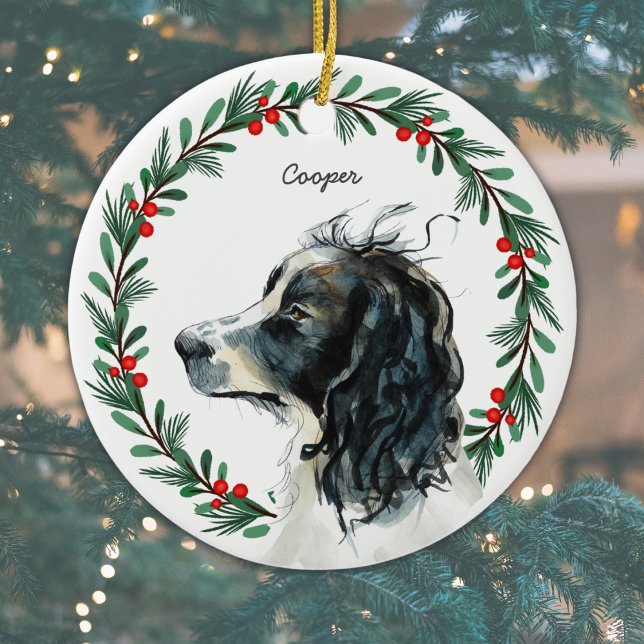 English Springer Spaniel Custom Name Christmas Ceramic Ornament (Personalize by adding dog's name, or some other short text, or delete if text not required.  )