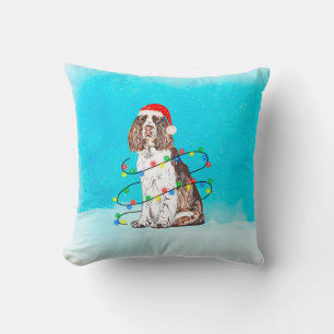 English Springer Spaniel Dog in Snow Santa Hat Cushion