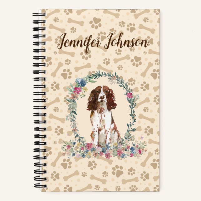 English Springer Spaniel Dog Paw Print & Floral Notebook (Front)